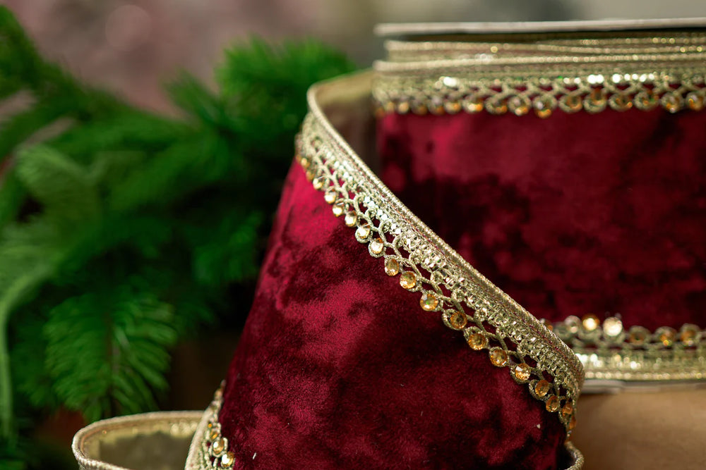 4" X 10YD Burgundy Velvet Ribbon With Gold Trim