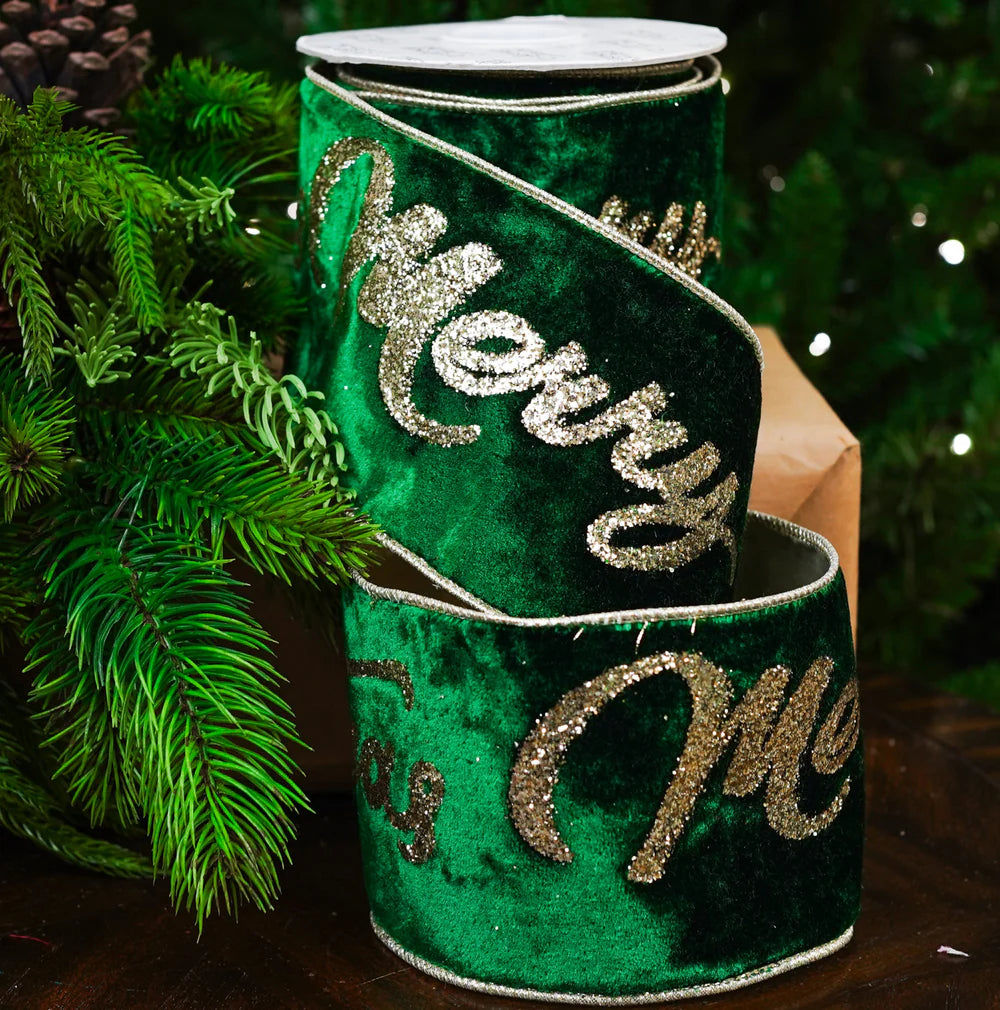 4" X 10YD Green Velvet 'Merry Christmas' Ribbon