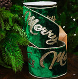 4" X 10YD Green Velvet 'Merry Christmas' Ribbon