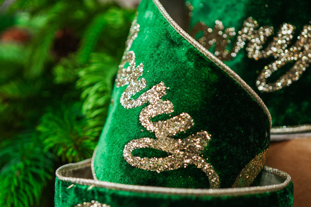 4" X 10YD Green Velvet 'Merry Christmas' Ribbon