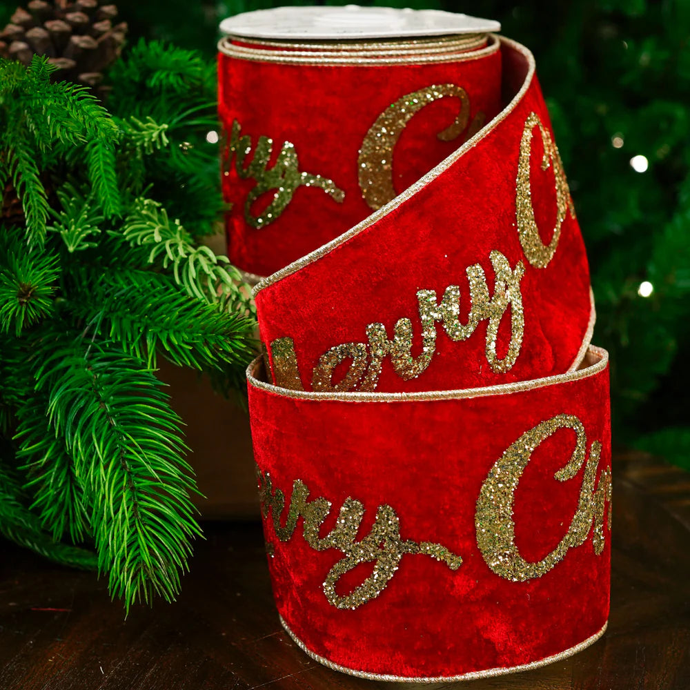 4" X 10YD Red Velvet 'Merry Christmas' Ribbon