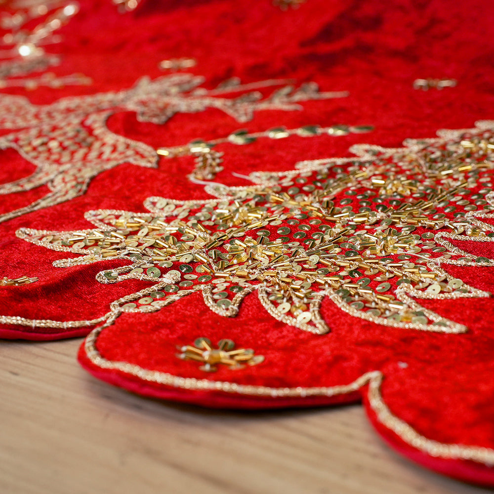 72" Red Velvet Tree Skirt With Beaded Embroidery