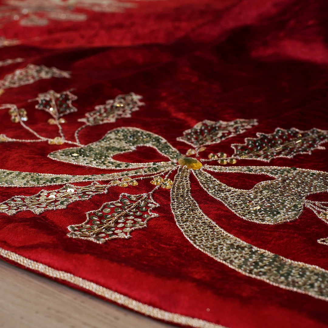 84" Red Tree Skirt With Gold Jewel Bow