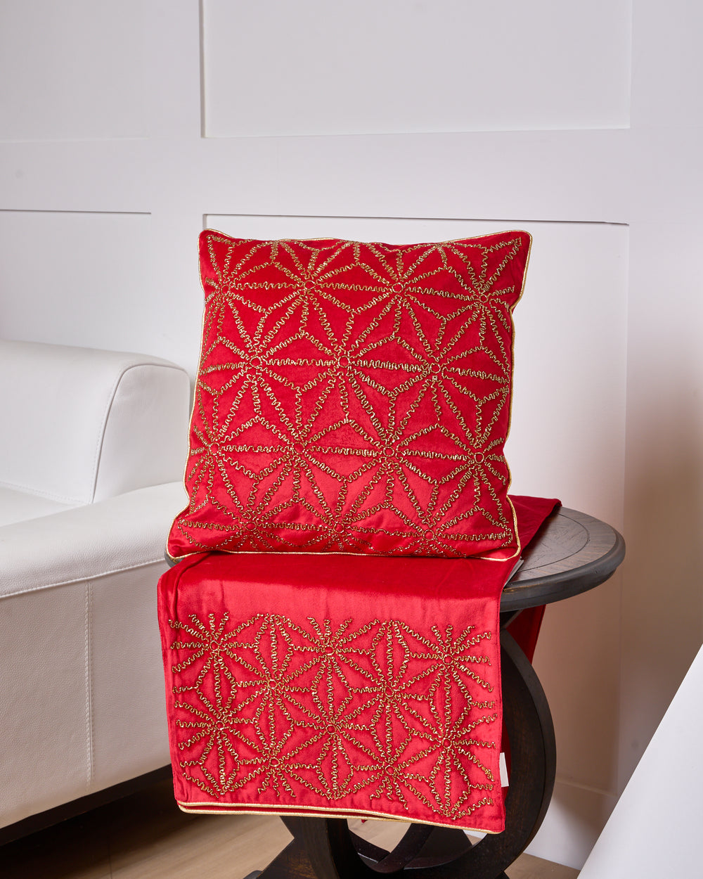 18" X 18" Red & Gold Beaded Pillow