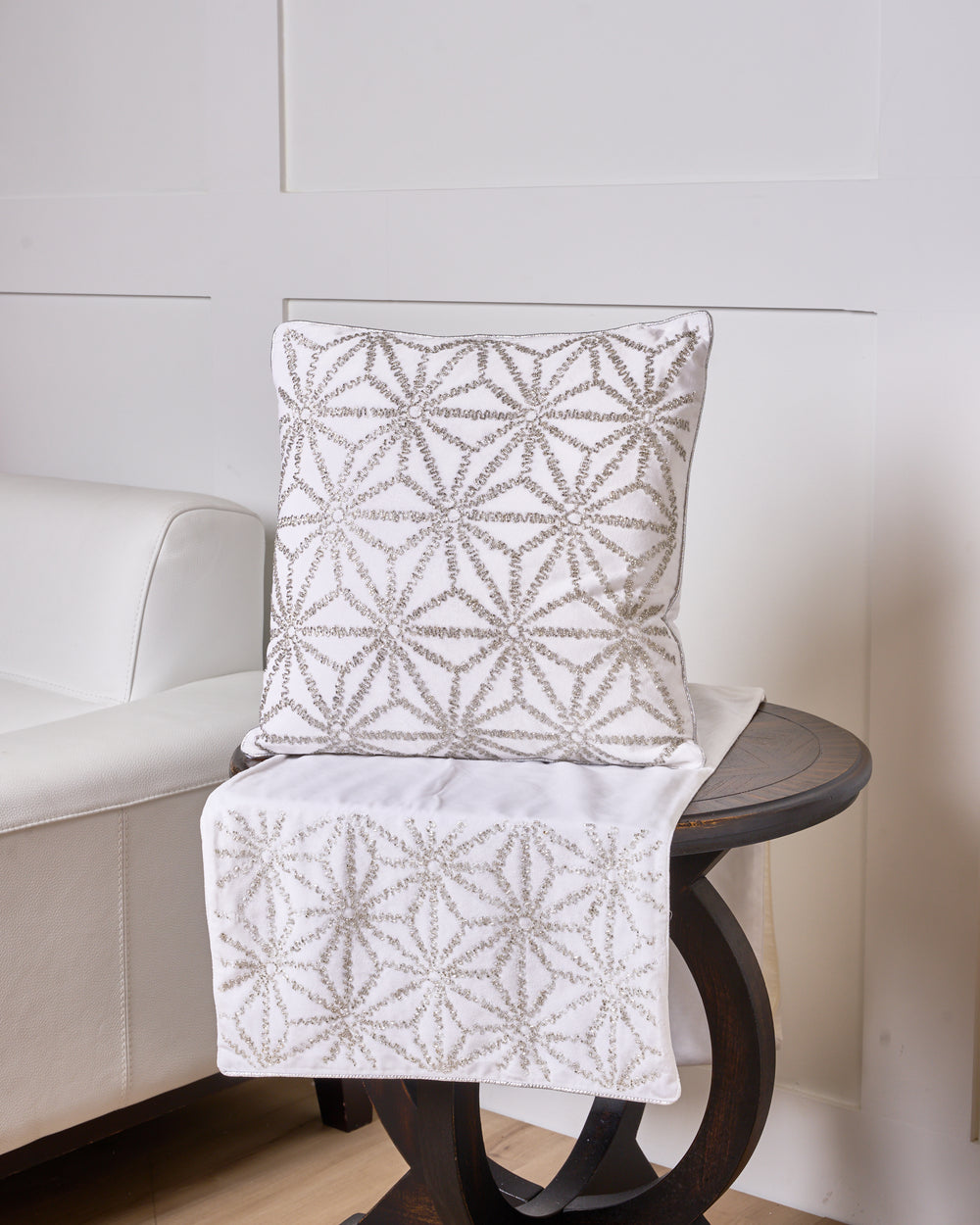 18" X 18" White & Silver Beaded Pillow