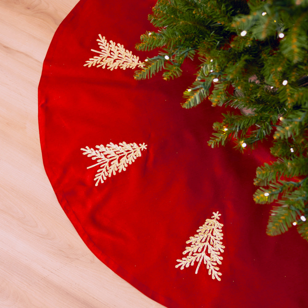 48" Red Tree Skirt With Gold Embroidery
