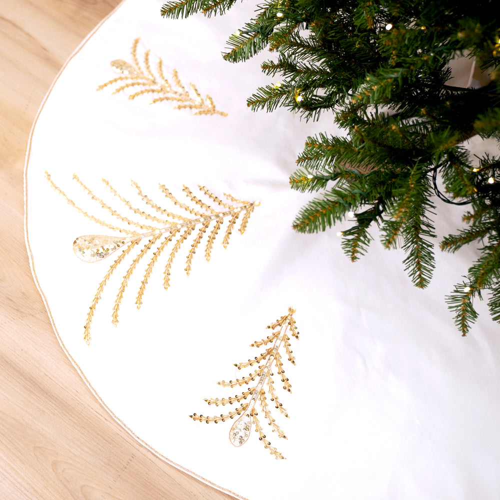 48" White Tree Skirt With Gold Embroidery