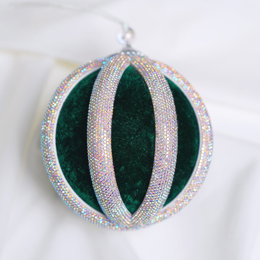 4" Green Silver Velvet Ball Ornament