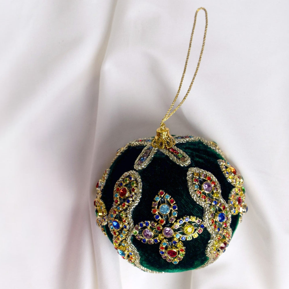 4" Green Multi Jewel Velvet Ball Ornament