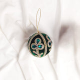 4" Green Gold Beaded Velvet Ball Ornament