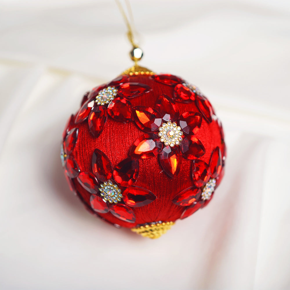 4" Red Gold Jeweled Ball Ornament