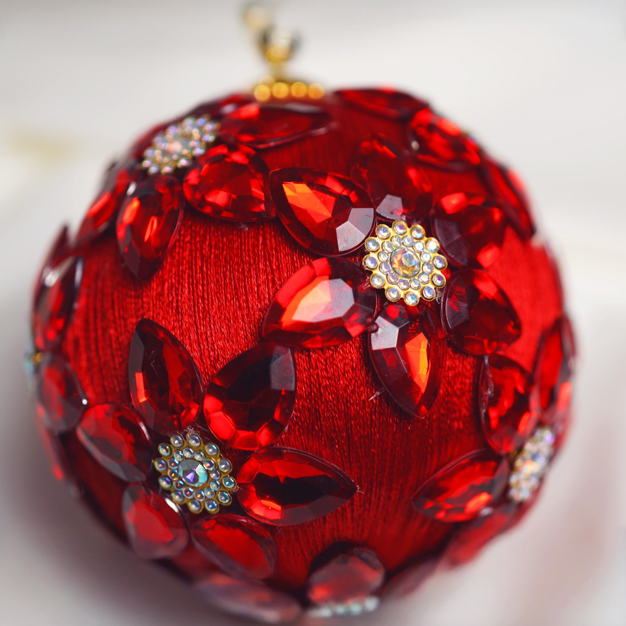 4" Red Gold Jeweled Ball Ornament