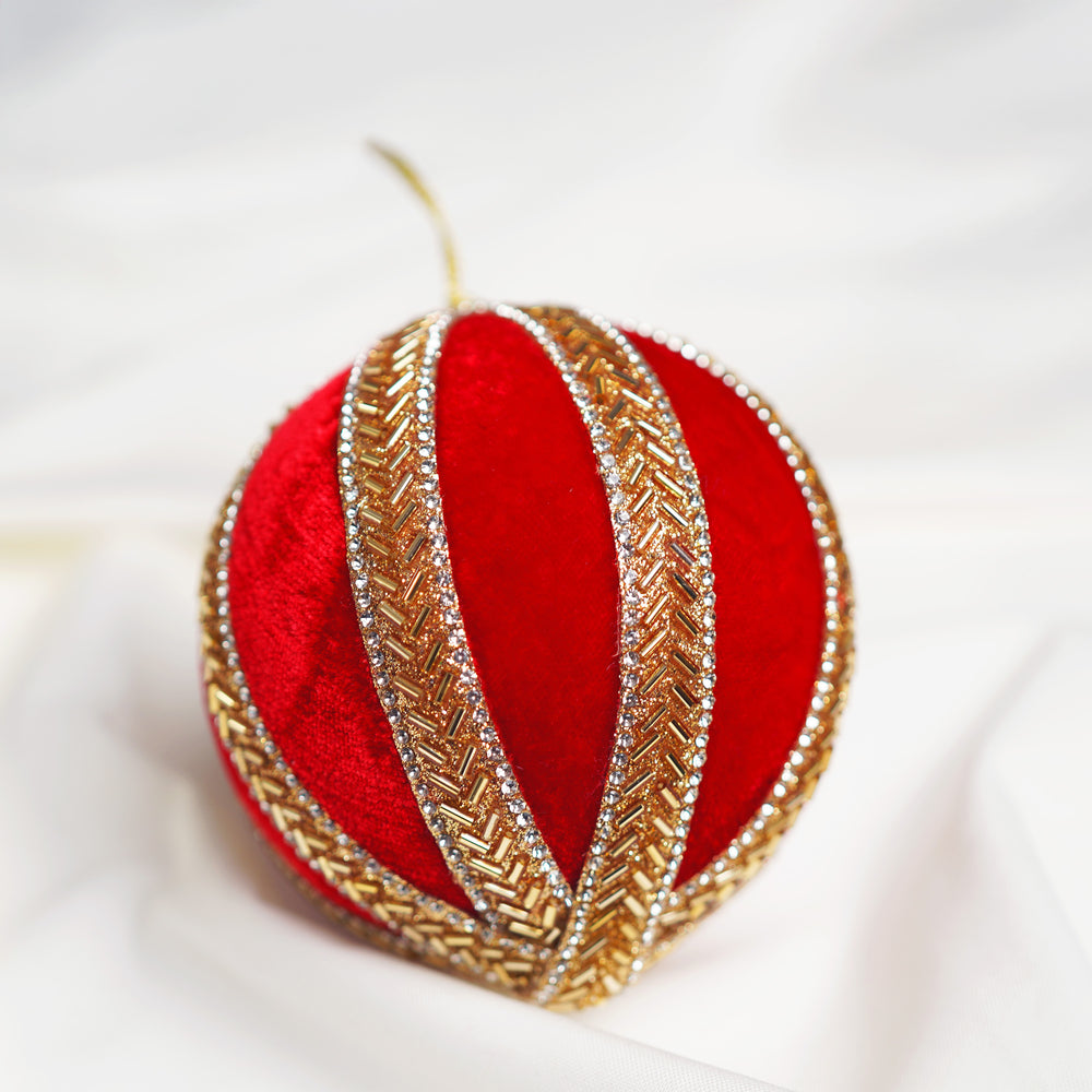 4" Red & Gold Beaded Ball Ornament