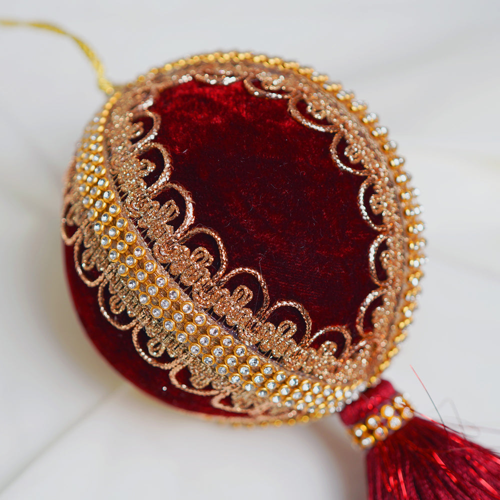 4" Burgundy Velvet Tassle Jeweled Ball Ornament