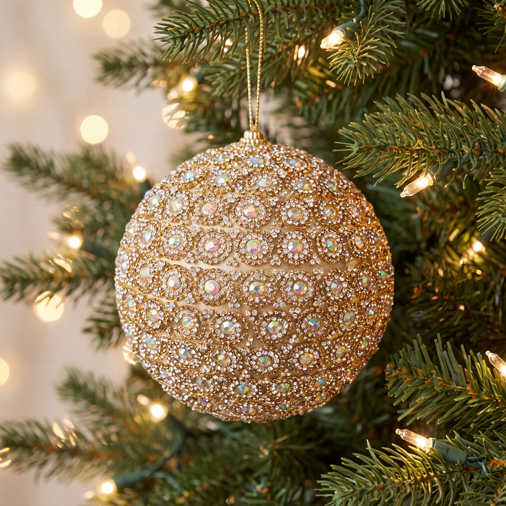 4" Gold Crystal Beaded Ball Ornament