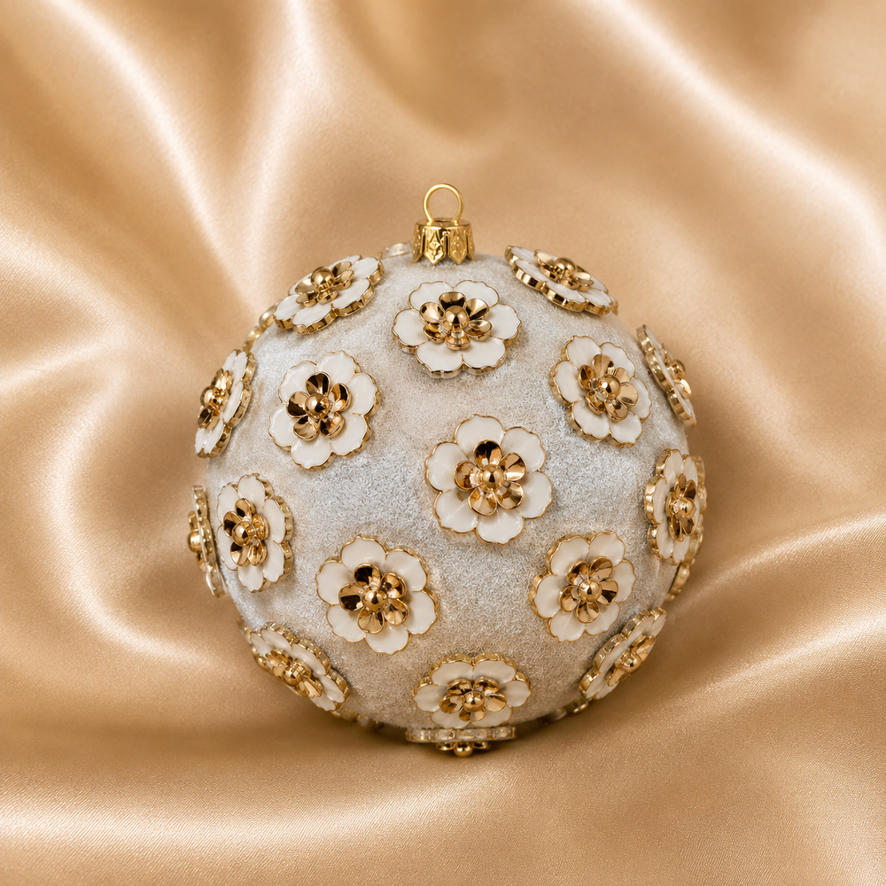 4" Ivory Velvet Ornament With Gold Flower Accents