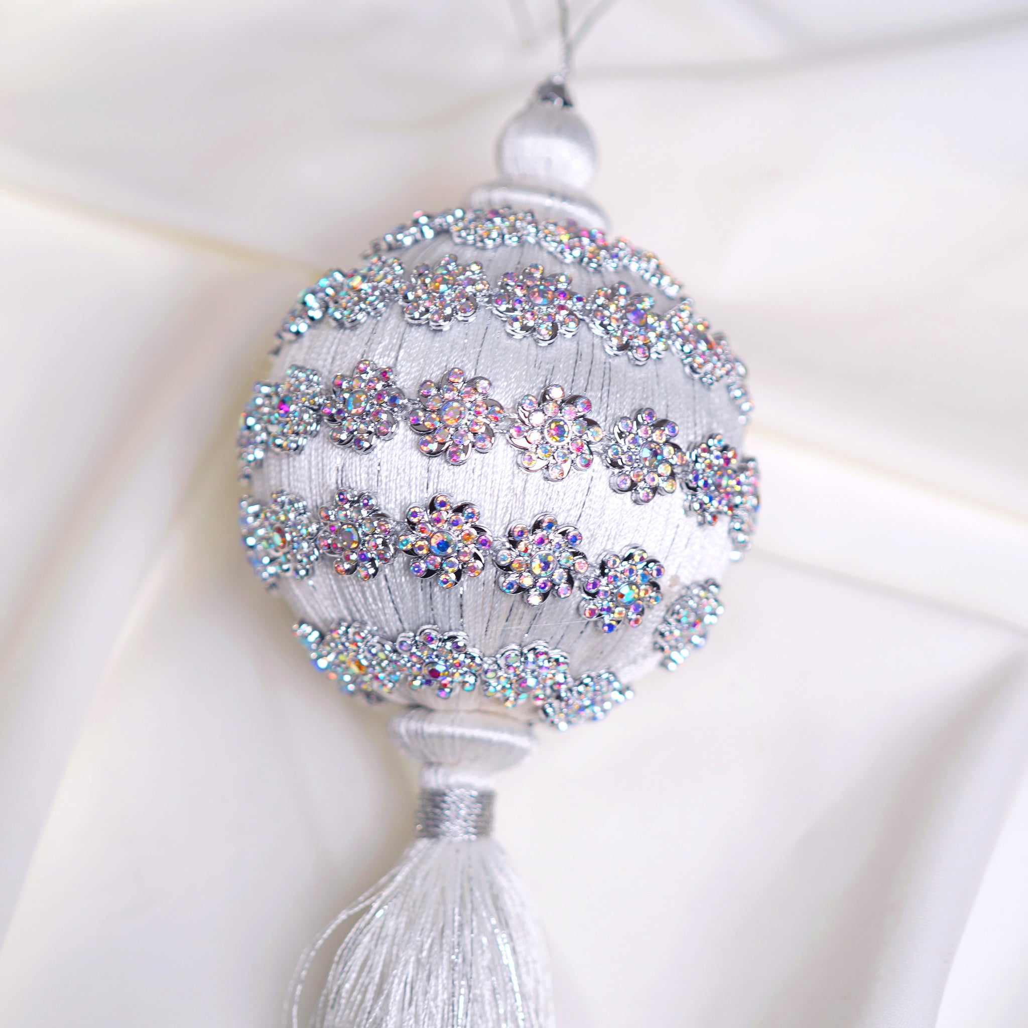 4" White Silver Ball Tassel Ornament