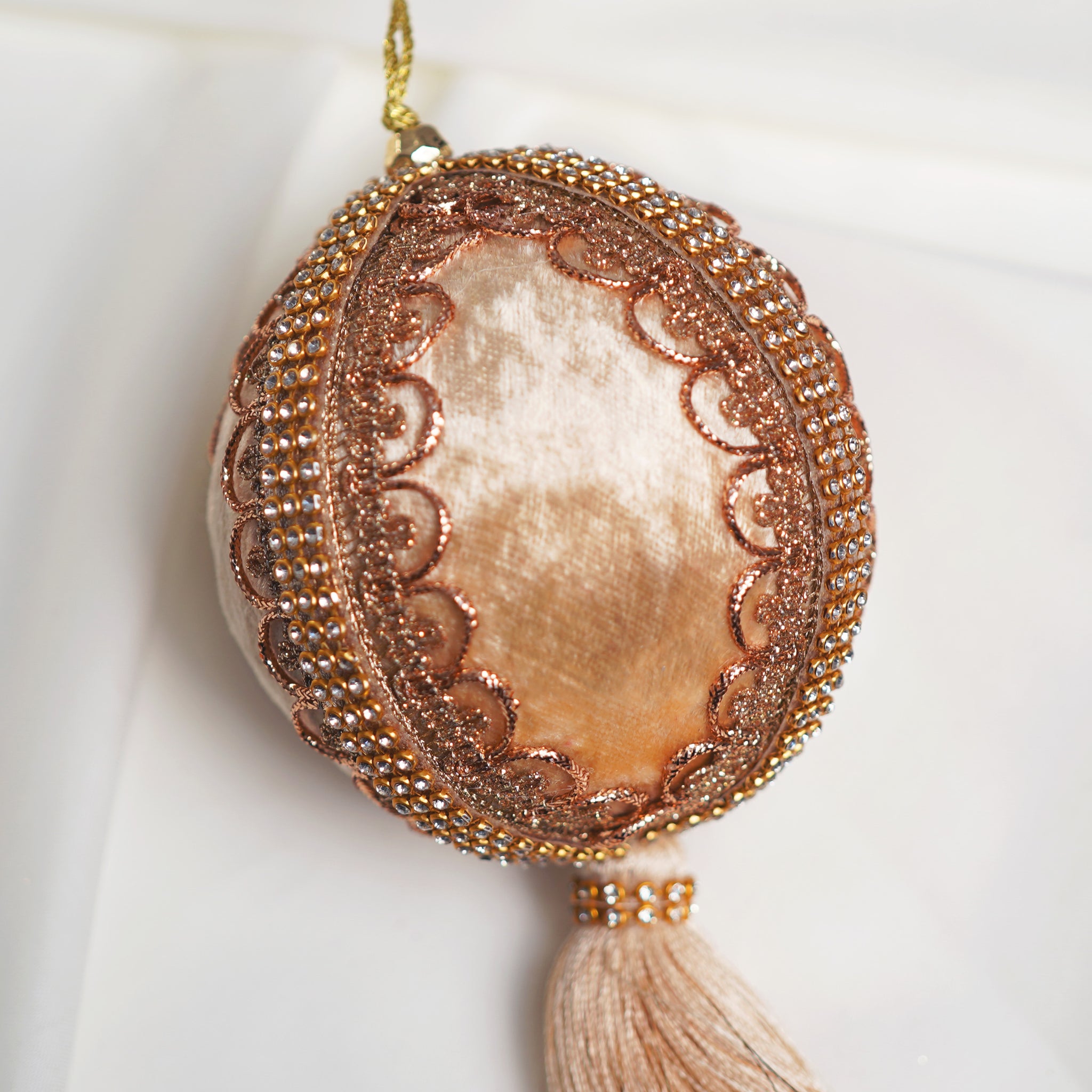 4" Champagne Velvet Tassel Jeweled Ball Ornament
