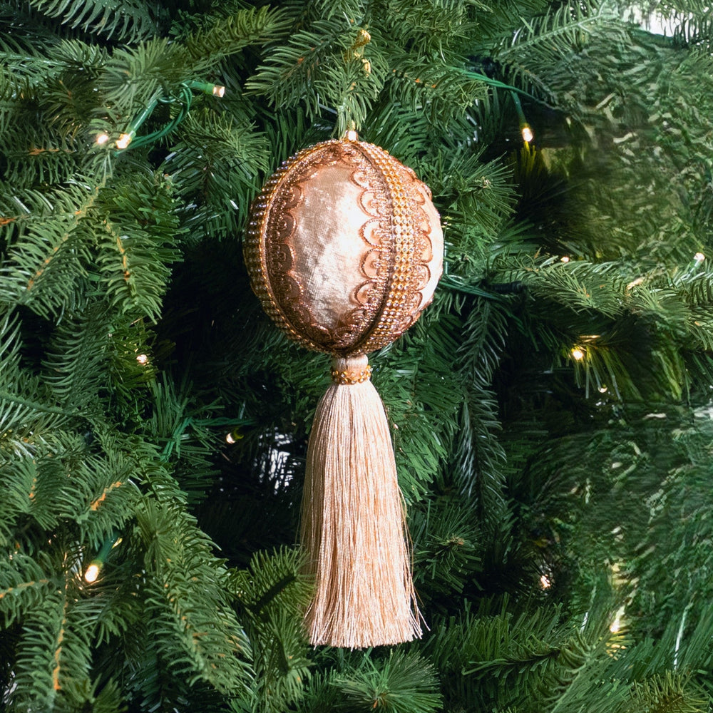 4" Champagne Velvet Tassel Jeweled Ball Ornament