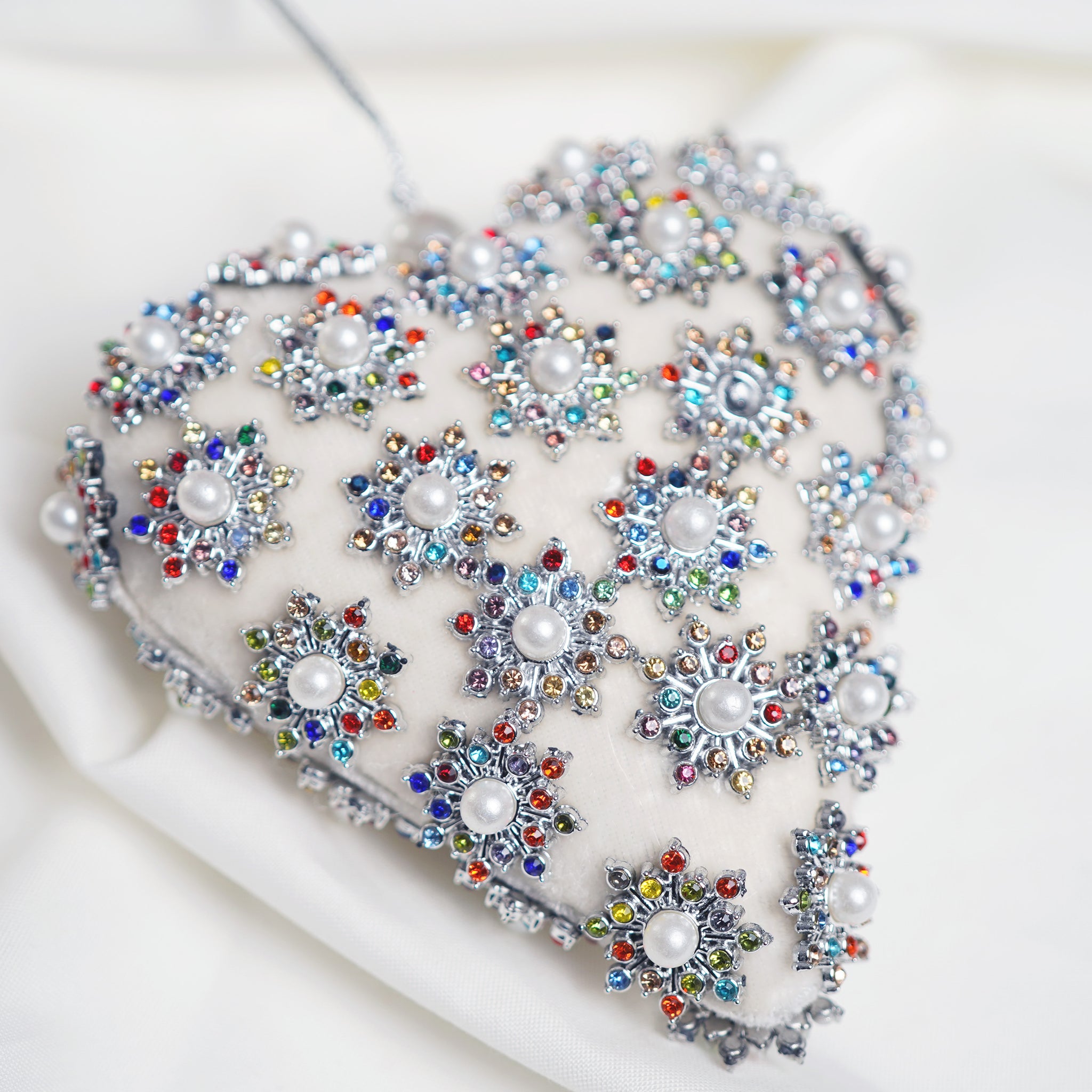 4" Ivory Pearl Jeweled Heart Ornament with Flowers