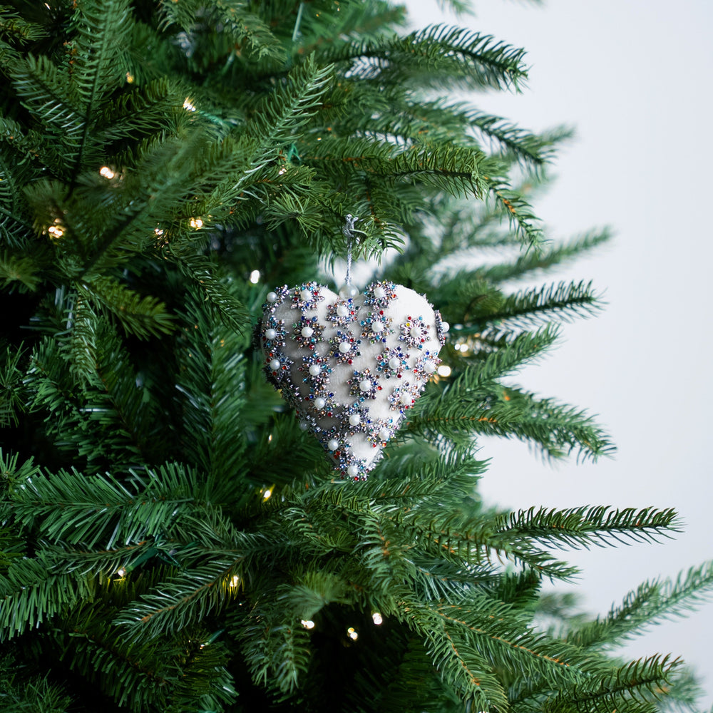 4" Ivory Pearl Jeweled Heart Ornament with Flowers