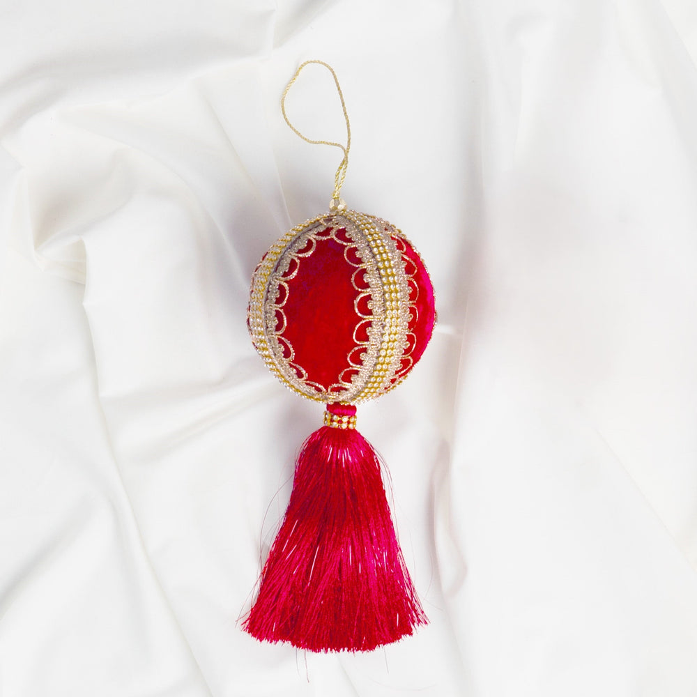4" Red Velvet Tassel Jeweled Ball Ornament