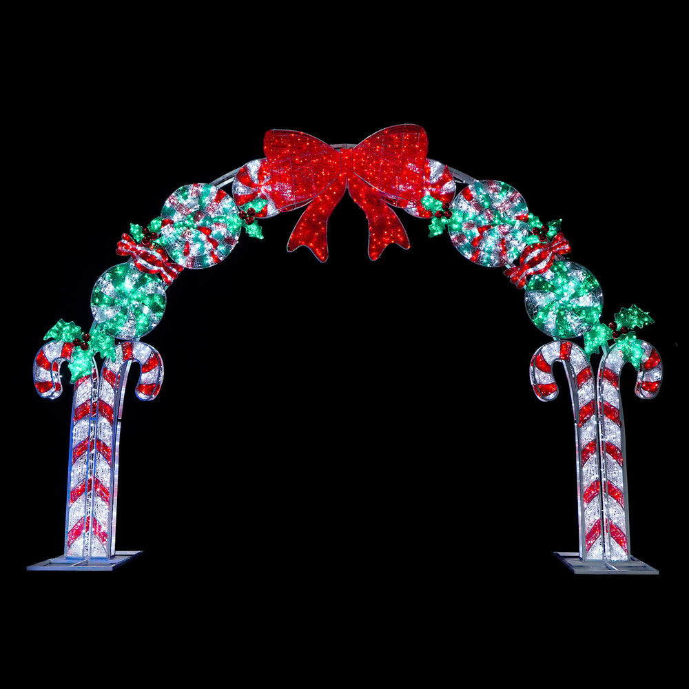 12 FT Red, Green & Pure White Twinkle LED 3D Candy Cane Archway With Bow