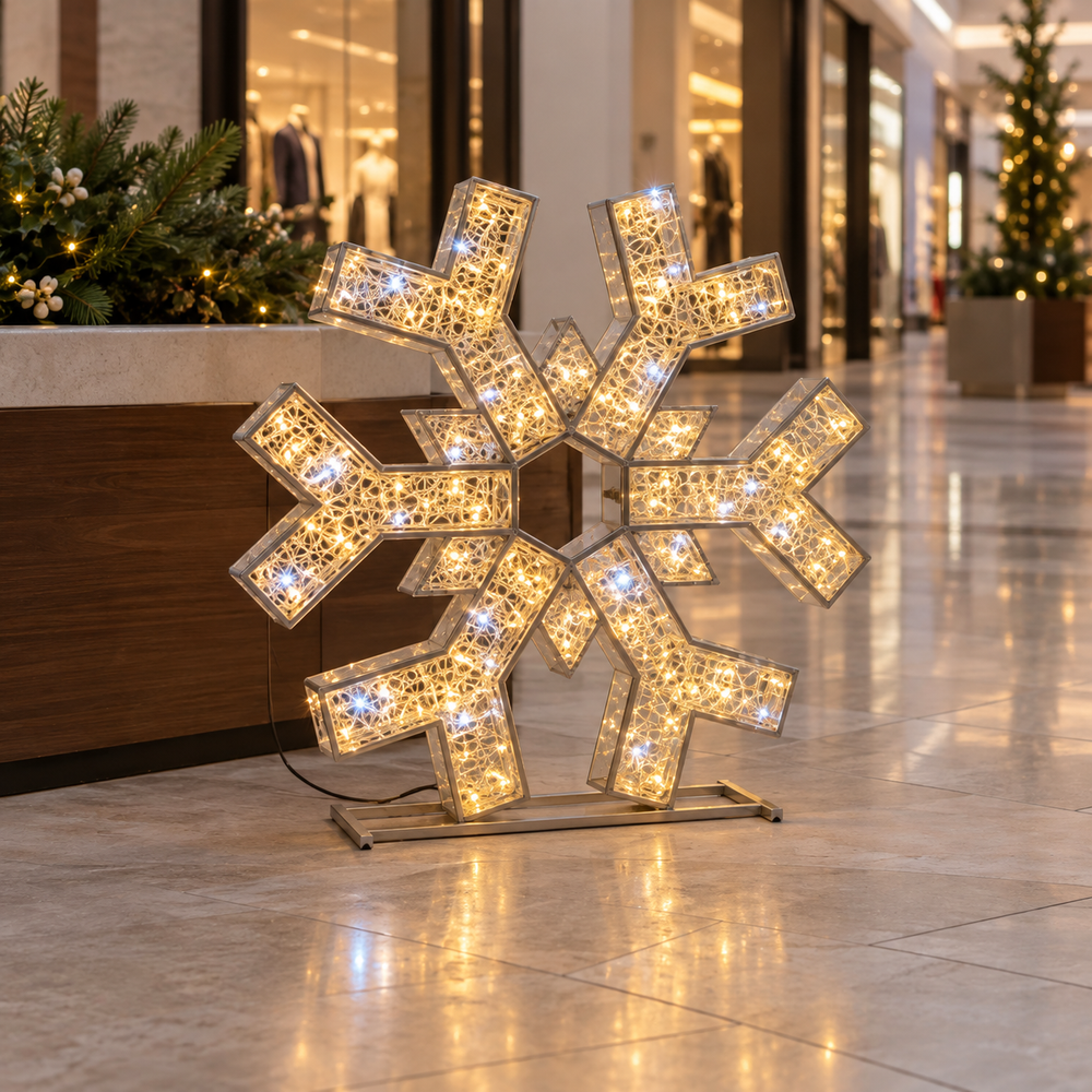 Decorative snowflake light fixture on a dark background