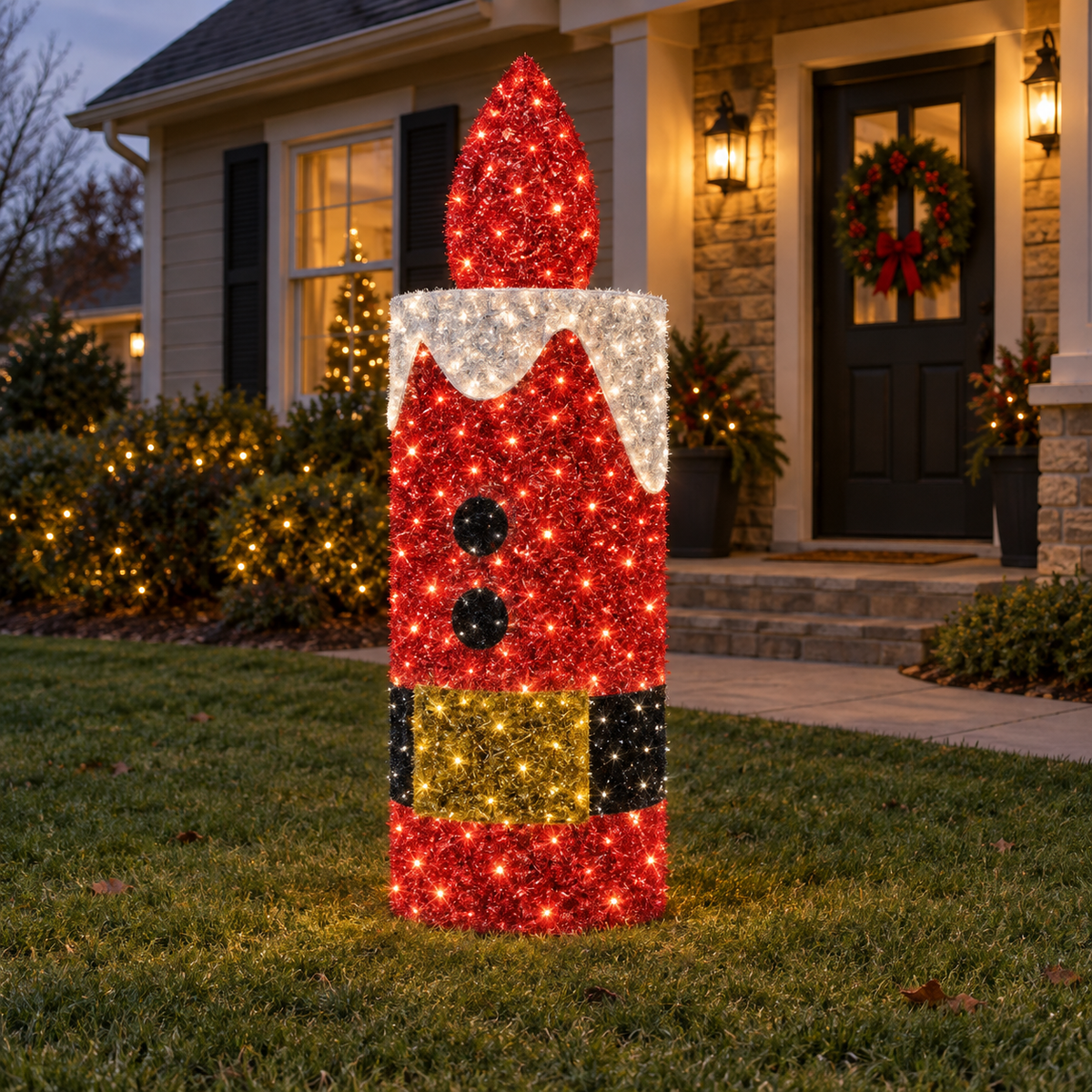 A large, festive Christmas ornament-shaped light fixture standing on a lawn in front of a decorated house at dusk. The ornament is red with a white top section, black buttons, a gold belt, and black accents, glowing with warm white lights.