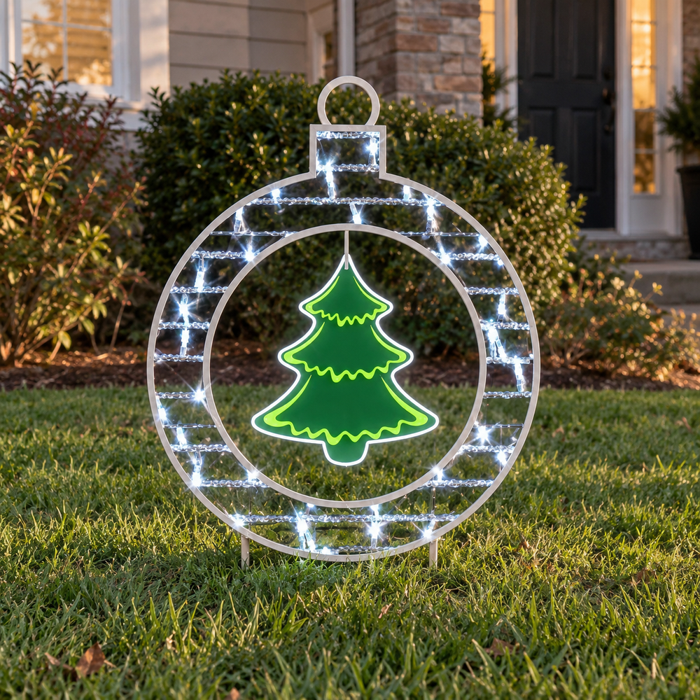 2 FT X 2 FT White Ornament With A Green LED Tree