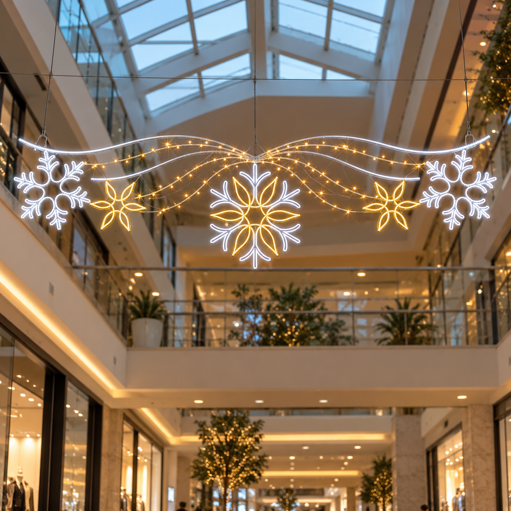 A banner featuring a series of snowflake shapes with warm white and cool white LED lights against a black background.