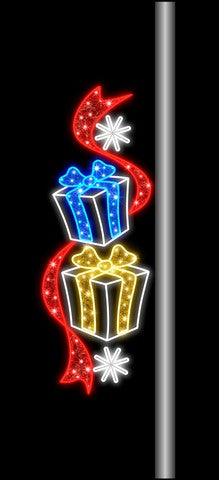 6 FT X 2 FT LED  Warm White Gold & Blue Giftboxes Pole Banner