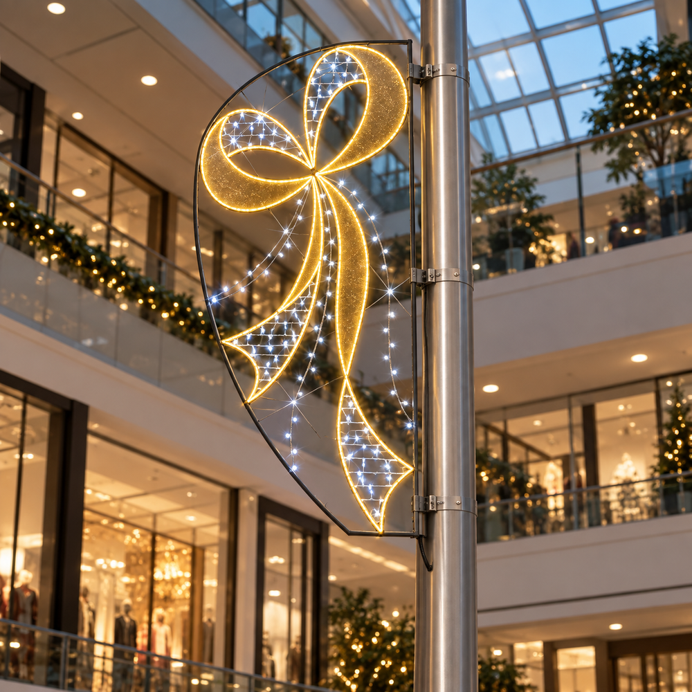 A black LED banner with a gold bow design and star patterns.