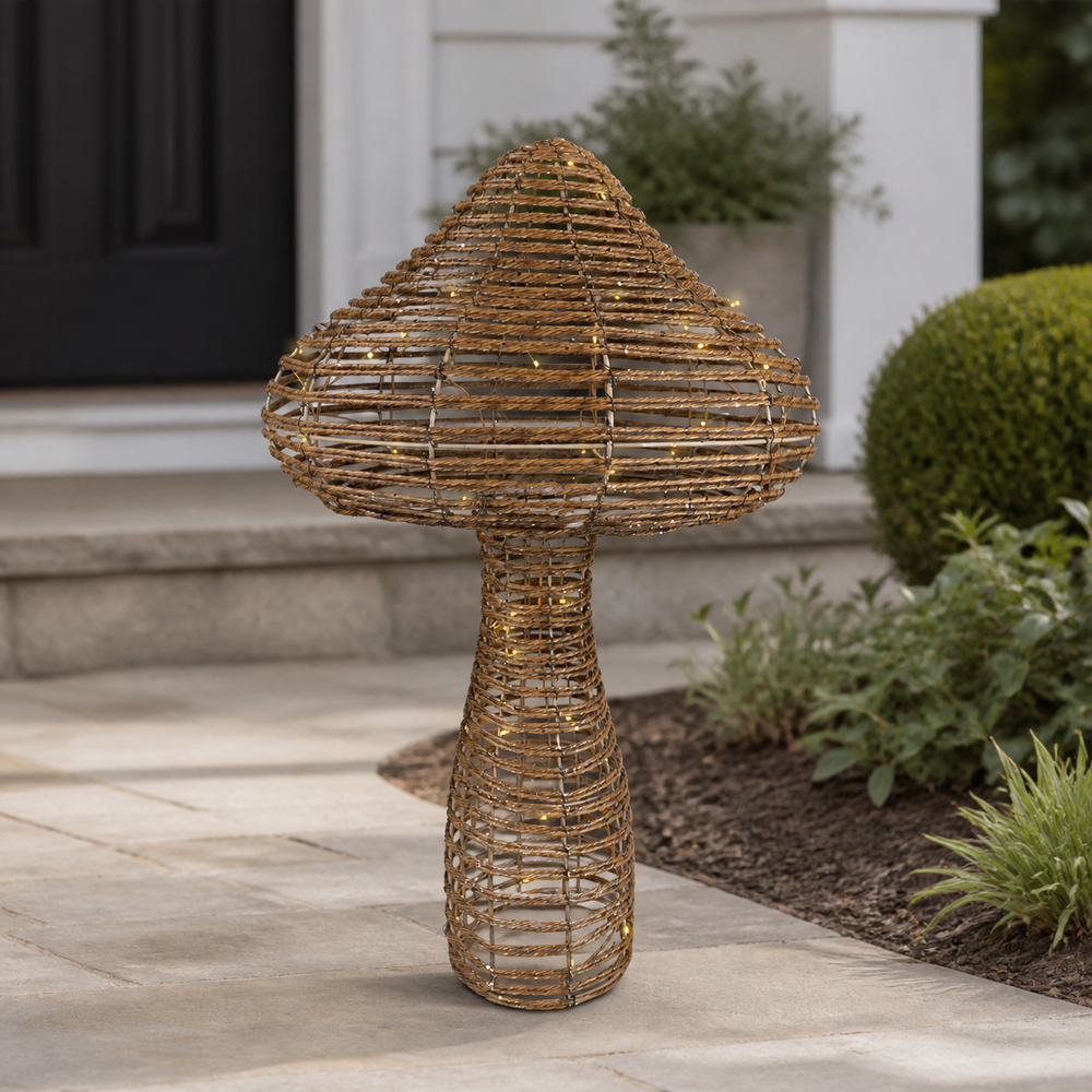 35" 72 LED Warm White Brown Wicker Mushroom