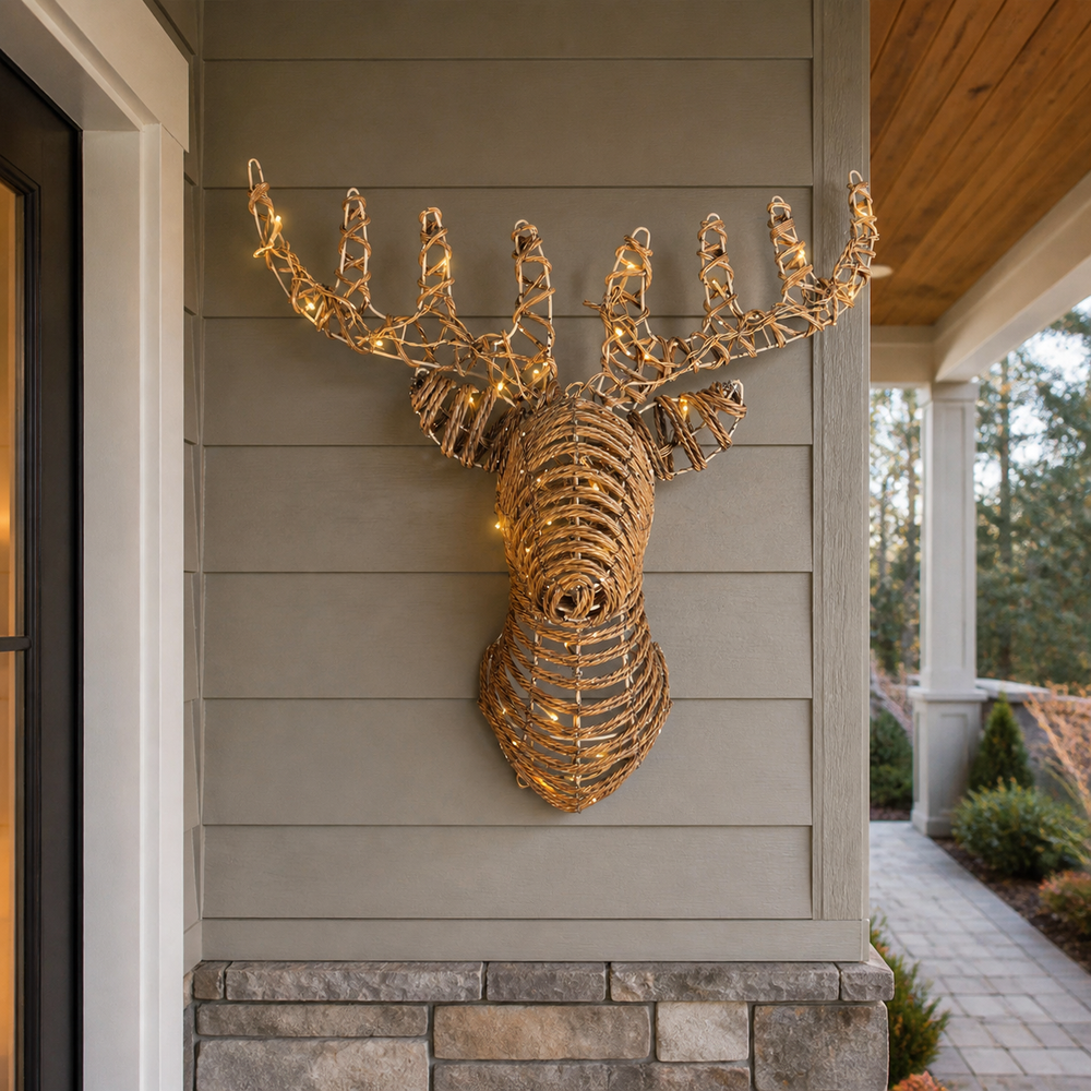 34" X 26" 48 LED Soft Warm Brown Wicker Reindeer Head