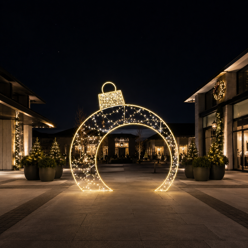 A large illuminated holiday ornament-shaped light installation stands in the center of a paved outdoor walkway at night, with buildings, potted trees, and smaller decorative lights visible in the background.