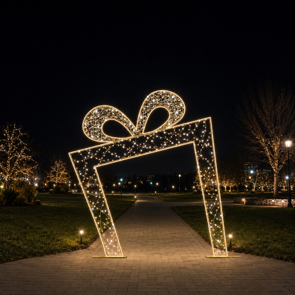 Decorative light installation shaped like a gift box with a bow on a pathway at night.