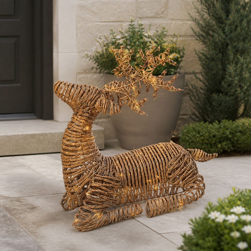 3 FT 144 LED Soft Warm Brown Wicker Laying Reindeer
