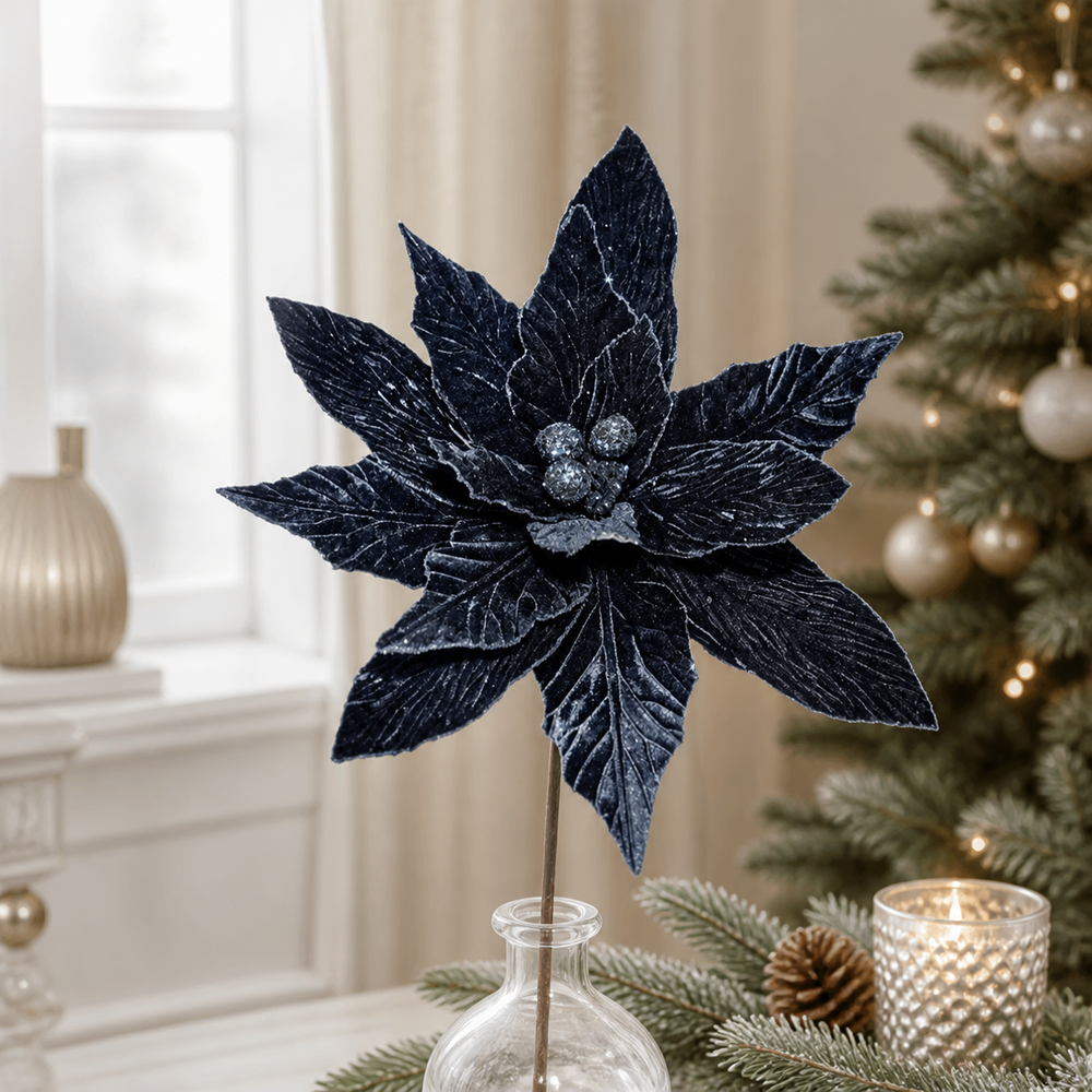 26" Midnight Blue Velvet Poinsettia Stem