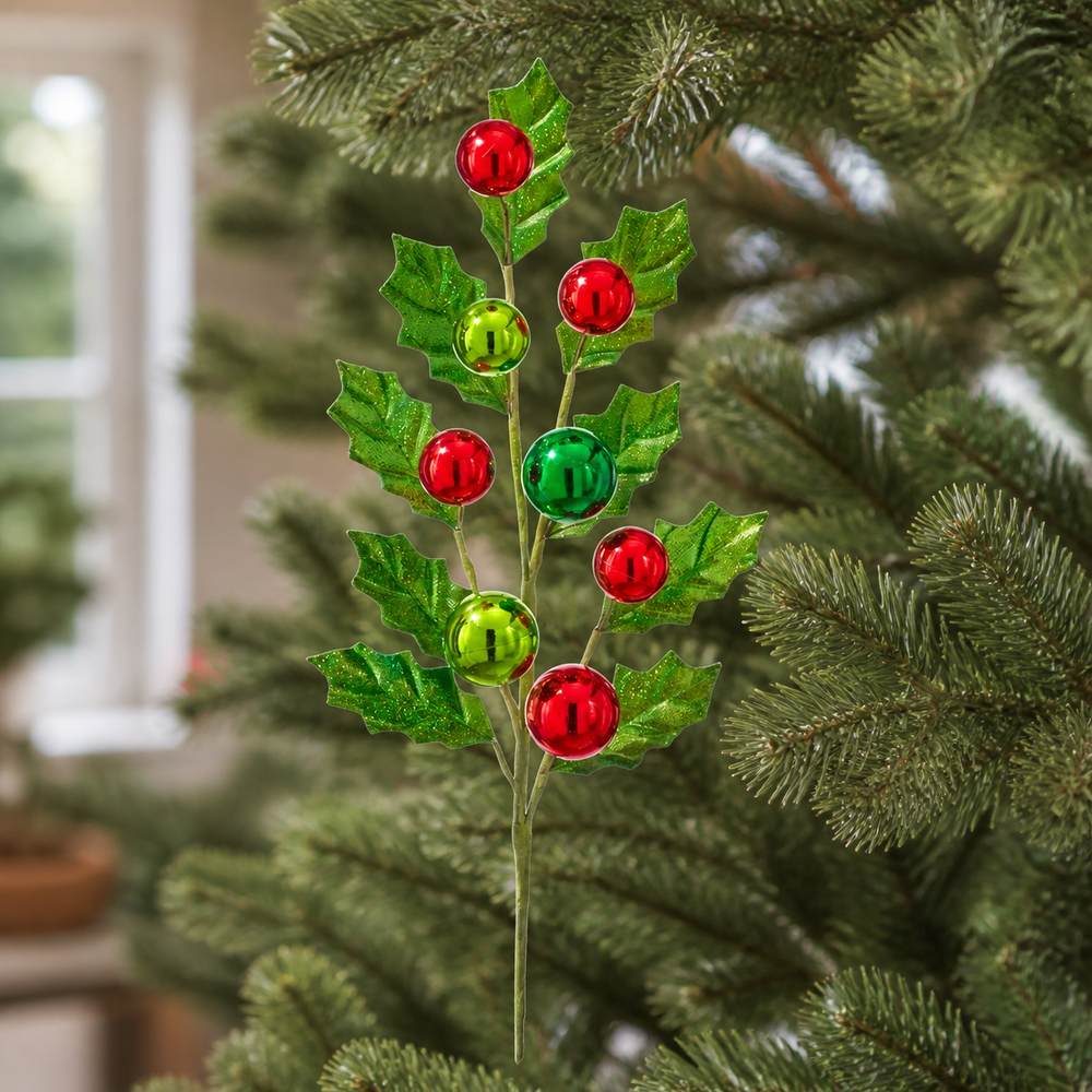 26" Green Holly Ball Spray