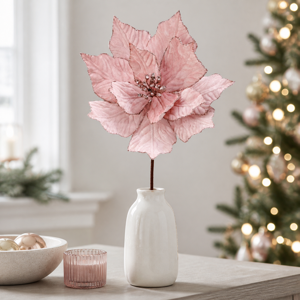 24" Blush Pink Velvet Glitter Poinsettia Stem