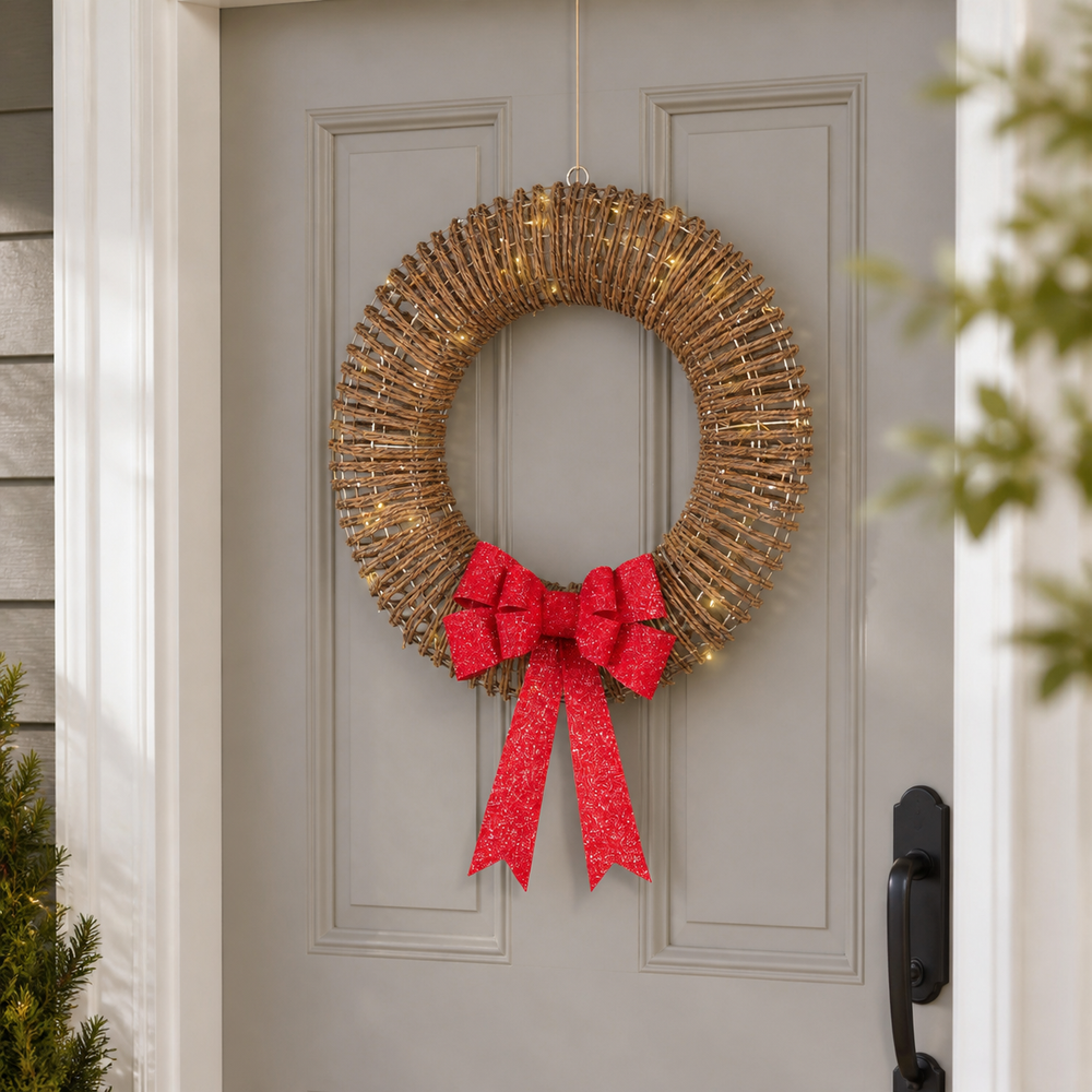 23" 72 LED Brown Wicker Wreath With Red Bow