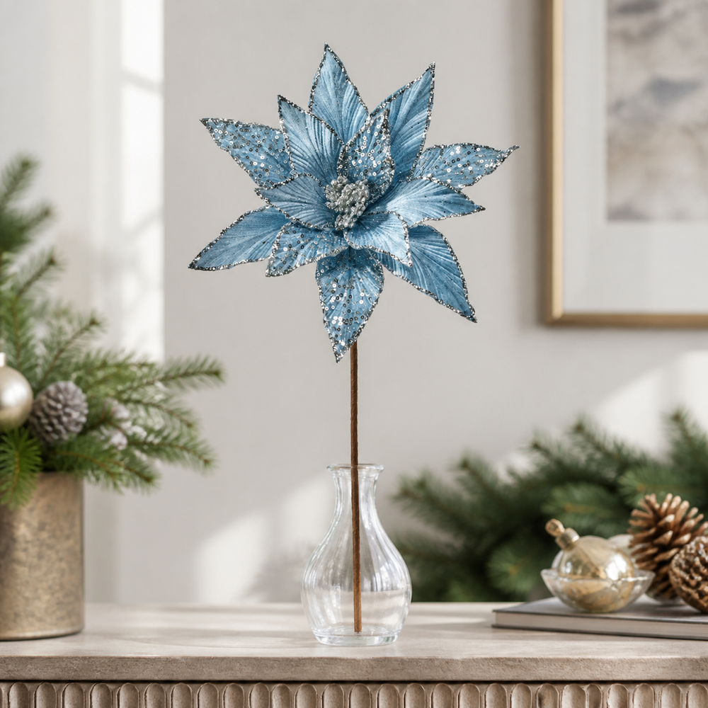 21" Slate Blue Velvet Poinsettia Sequin Stem