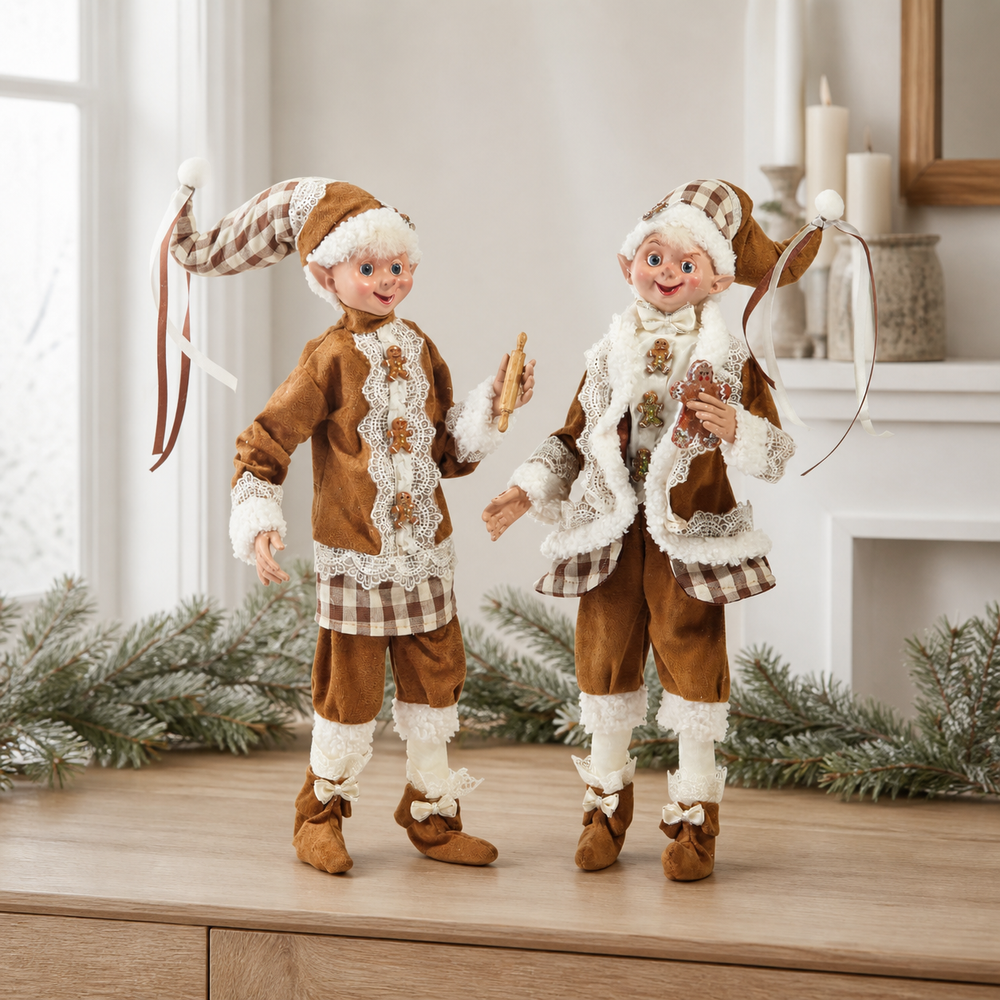 16" Posable Gingerbread Elf Set Of 2