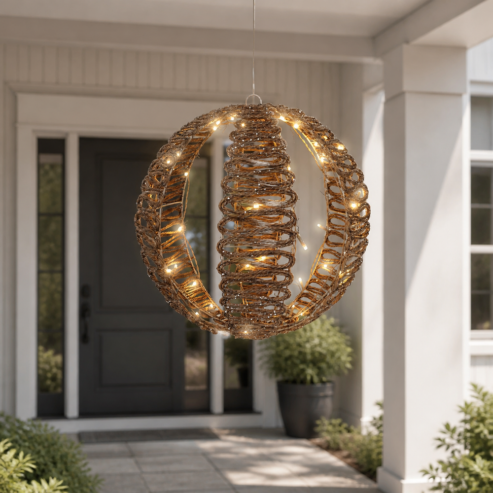 15" 48 LED Warm White Brown Wicker Ball