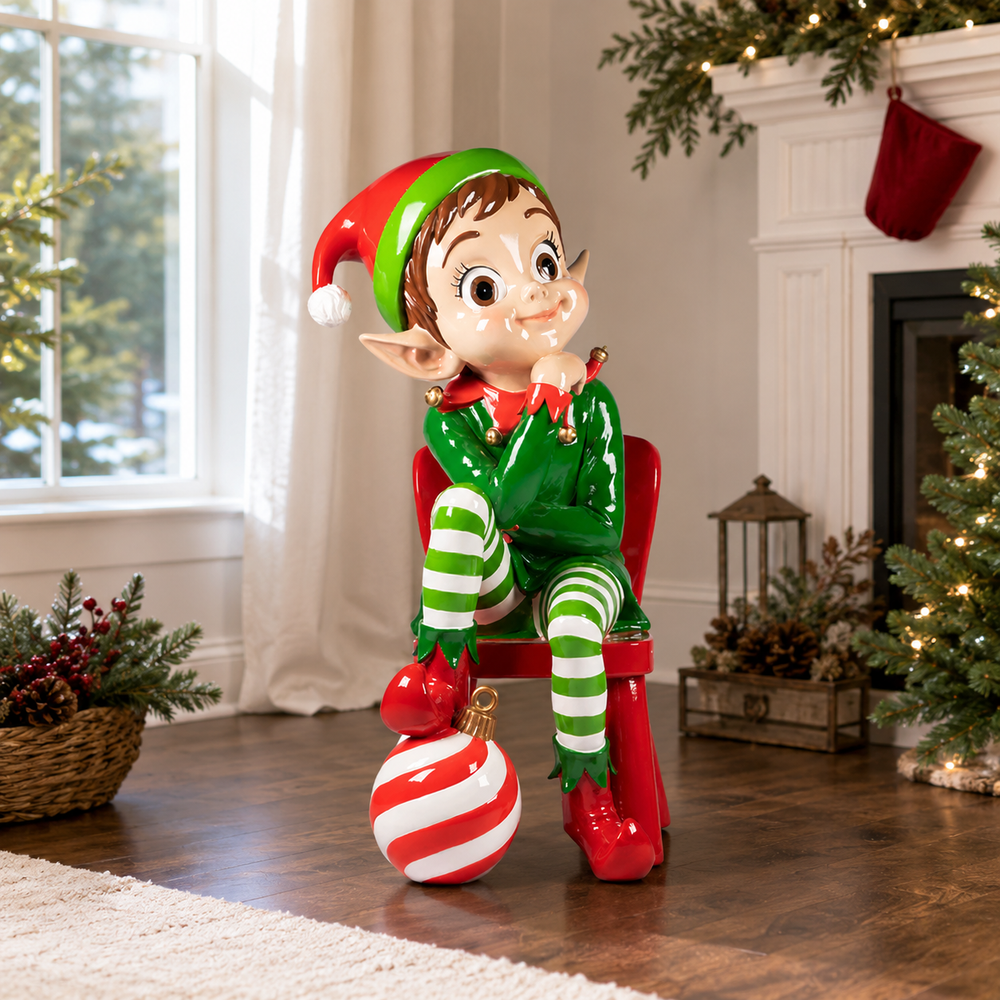 4 FT Lighted Sitting Elf On Chair Battery Operated