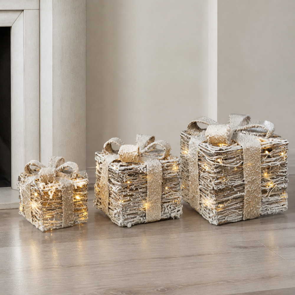 12" Warm White LED Rattan Gift Boxes Set Of 3