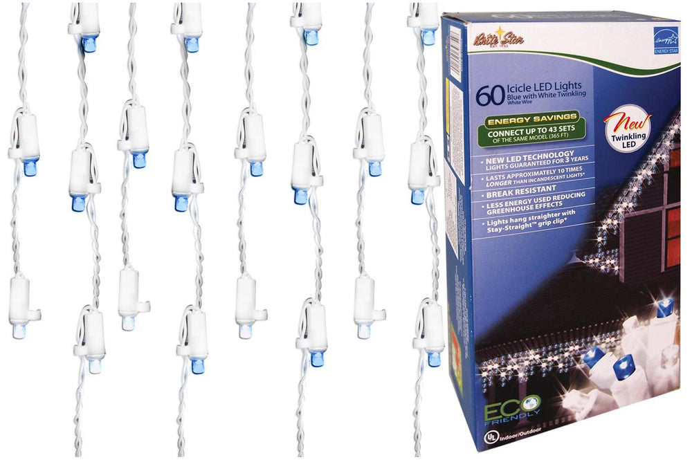 8 FT 60 LED Twinkling Blue & White Icicle Lights With White Wire