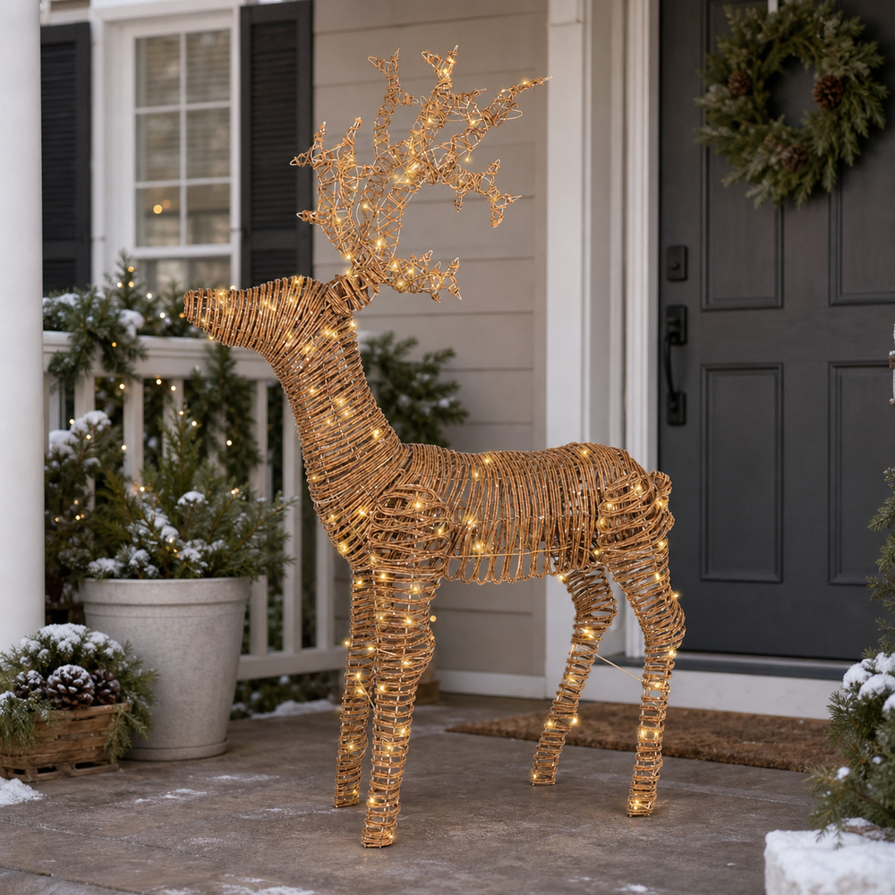 6 FT 224 LED Soft Warm Brown Wicker Standing Reindeer