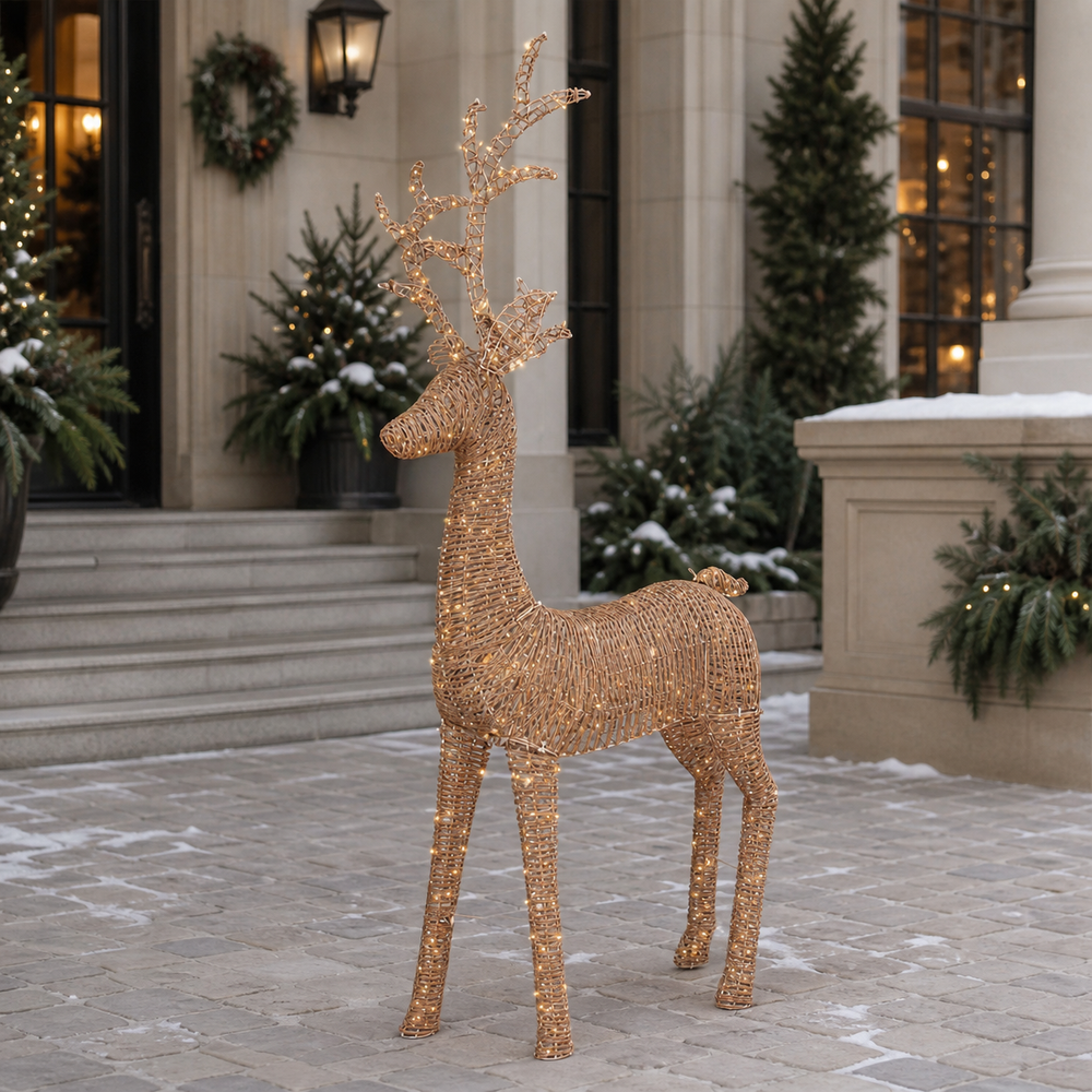 9 FT 560 LED Soft Warm Brown Wicker Reindeer